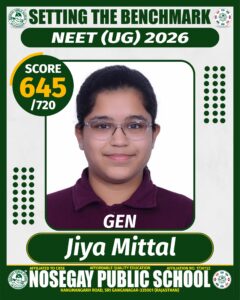 Jiya Mittal scored 645 out of 720 in NEET (UG) 2026 at Nosegay Public School, Sri Ganganagar.
