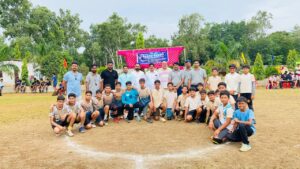 Nosegay Public School Sri Ganganagar Boys Under-14 Handball Team celebrating after becoming CBSE West Zone Handball Tournament 2026 Champions with coaches and officials.